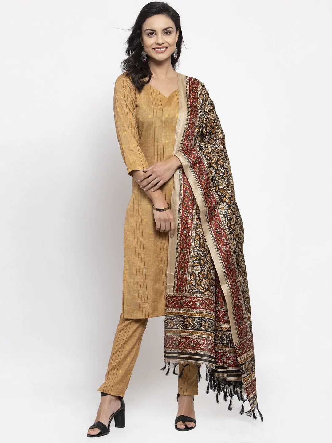 Women Beige & Black Striped Kurta with Trousers & Printed Dupatta ( JOKS D5B 1317 Golden )