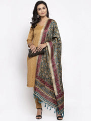 Women Beige & Black Striped Kurta with Trousers & Green Printed Dupatta ( JOKS D5G 1317 Golden )