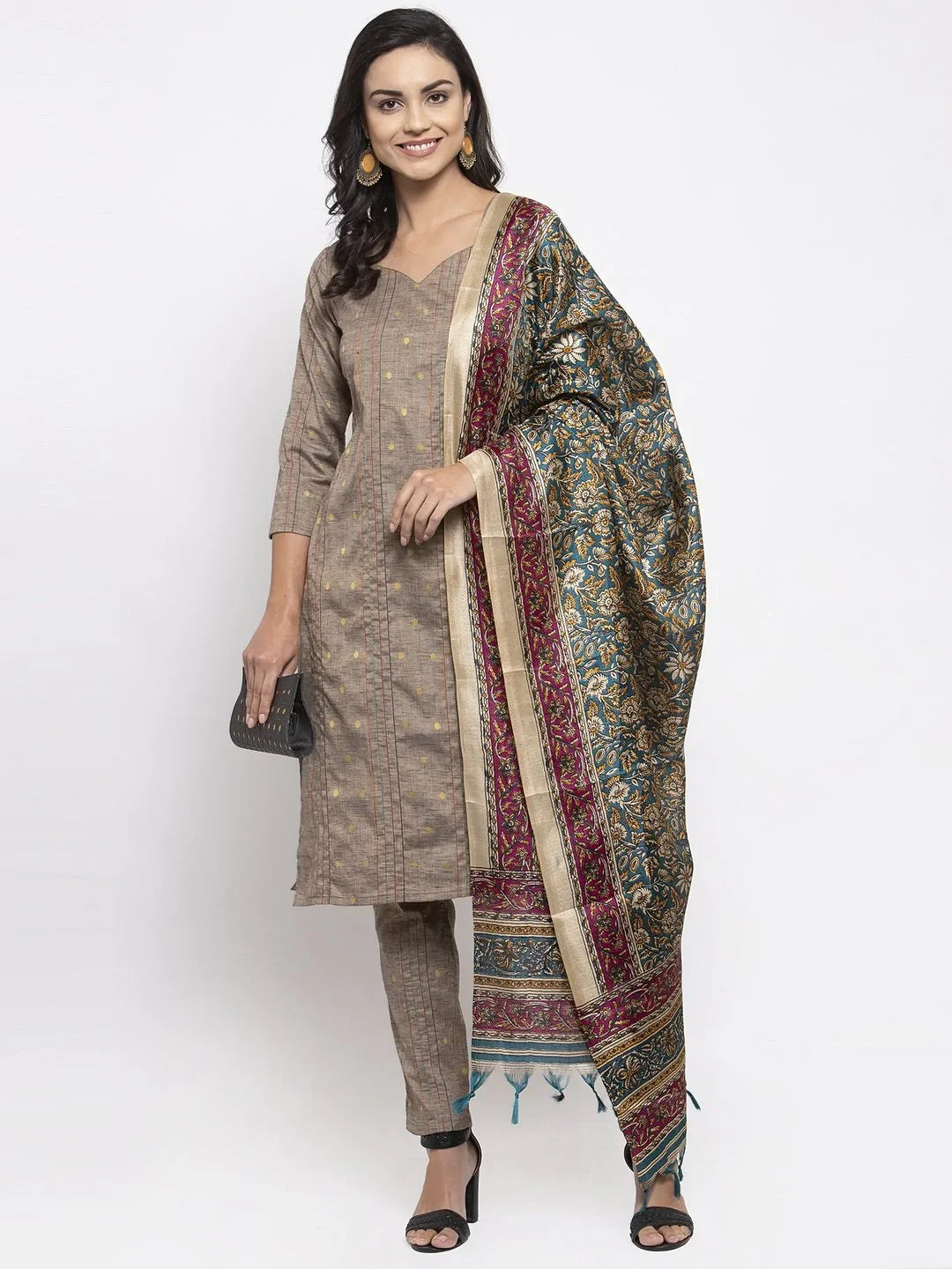 Women Grey Striped Kurta with Trousers & Green Printed Dupatta ( JOKS D5G 1317 Grey )