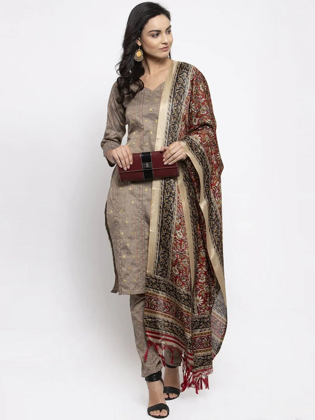 Women Grey Striped Kurta with Trousers & Red Printed Dupatta ( JOKS D5R 1317 Grey )