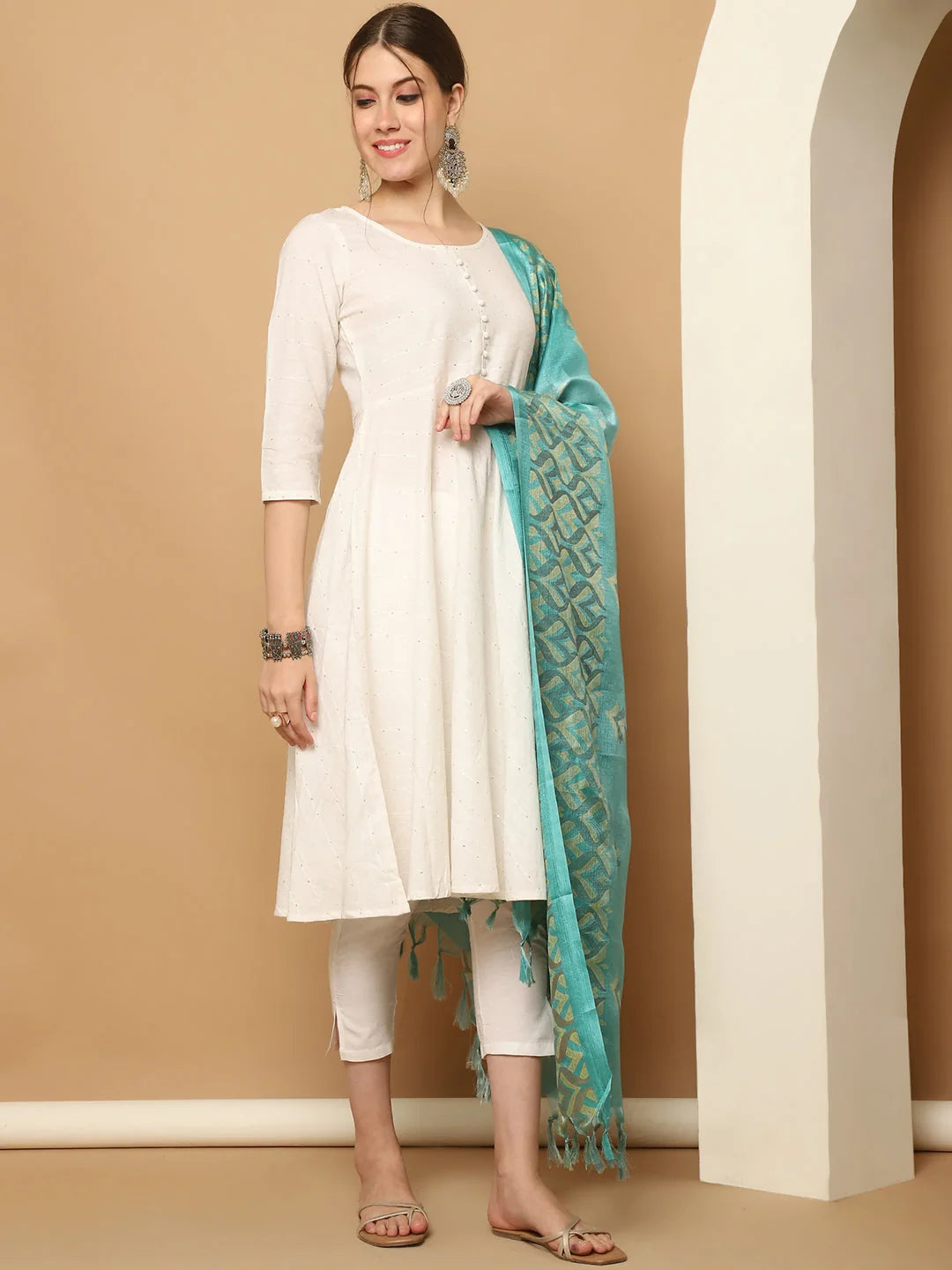 White Sequinned Kurta Set with Dupatta | Women's Cotton Kurta