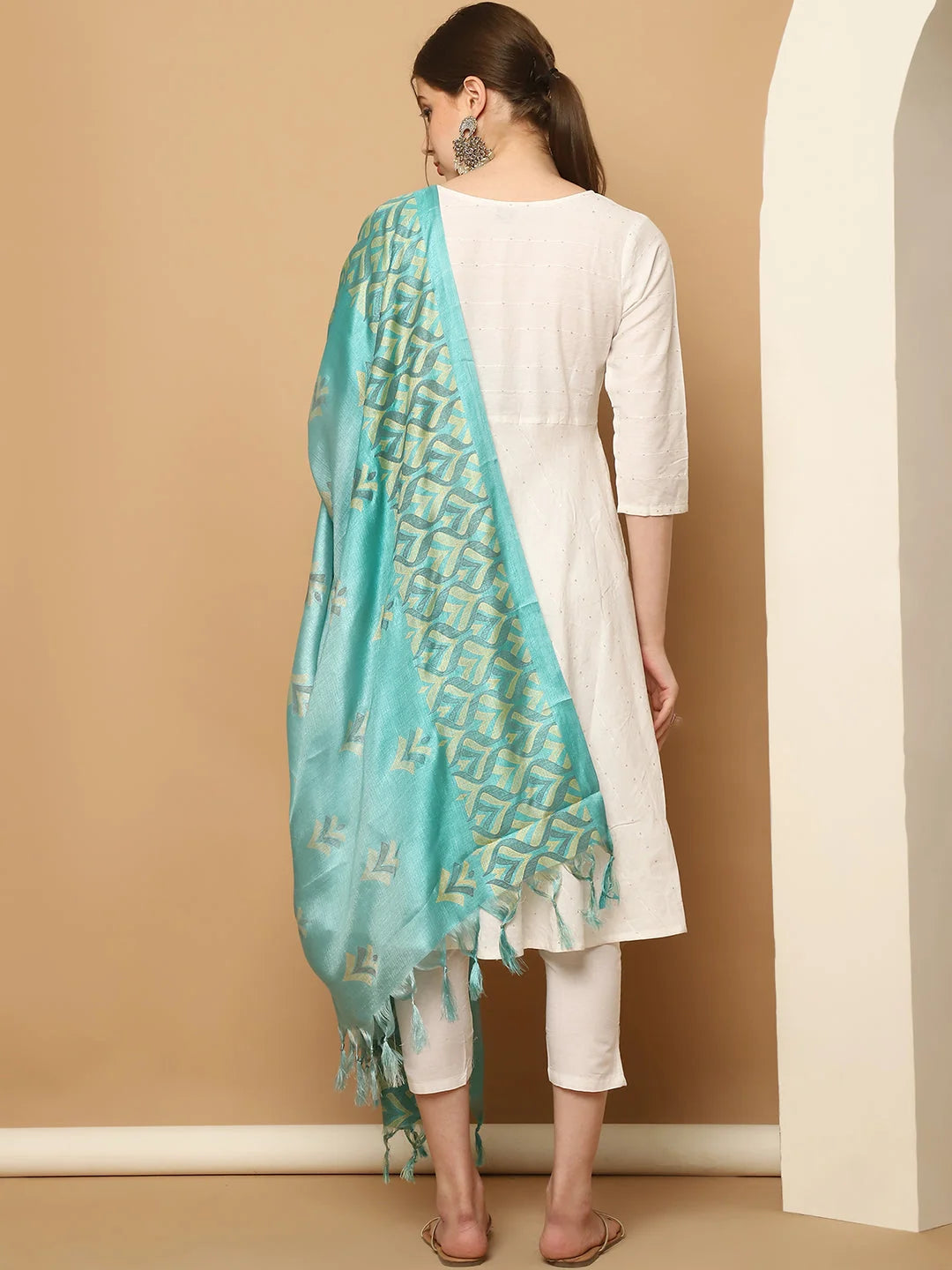 White Sequinned Kurta Set with Dupatta | Women's Cotton Kurta