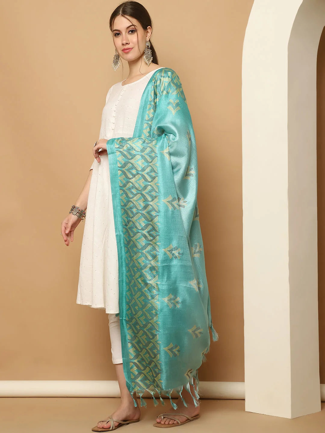 White Sequinned Kurta Set with Dupatta | Women's Cotton Kurta