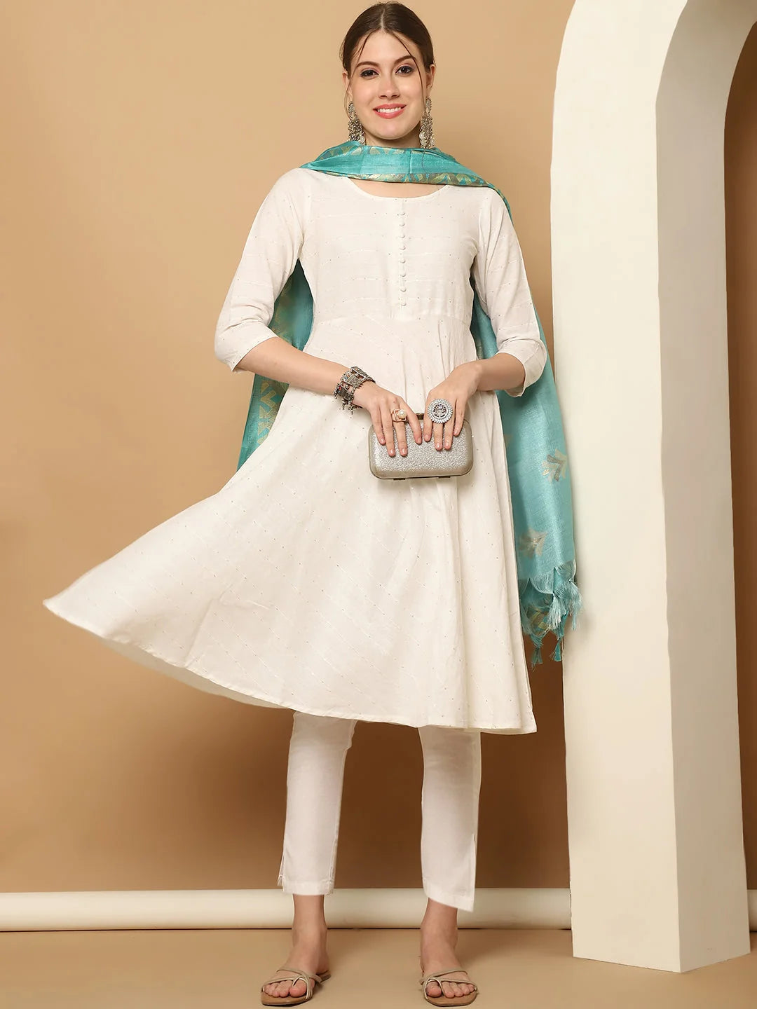 White Sequinned Kurta Set with Dupatta | Women's Cotton Kurta