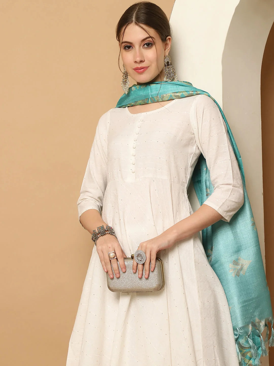 White Sequinned Kurta Set with Dupatta | Women's Cotton Kurta