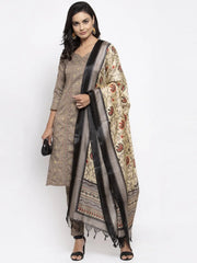 Women Grey Striped Kurta with Trousers & Beige-Red Printed Dupatta ( JOKS D7R 1317 Grey )