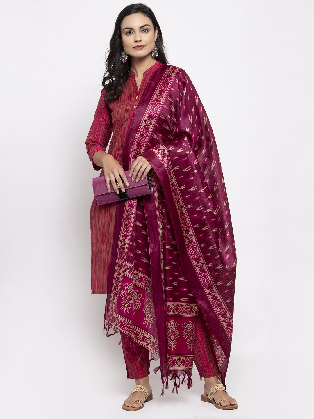DesiQlo Women Pink Self-Striped Kurta with Trousers & Art Silk Printed Dupatta ( JOKS D8P 1310 Pink )