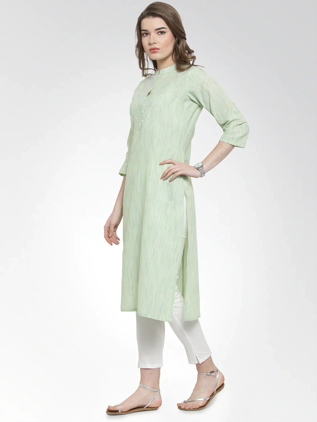 Green Self Design Cotton Kurta | Women's Indian Kurtis Online
