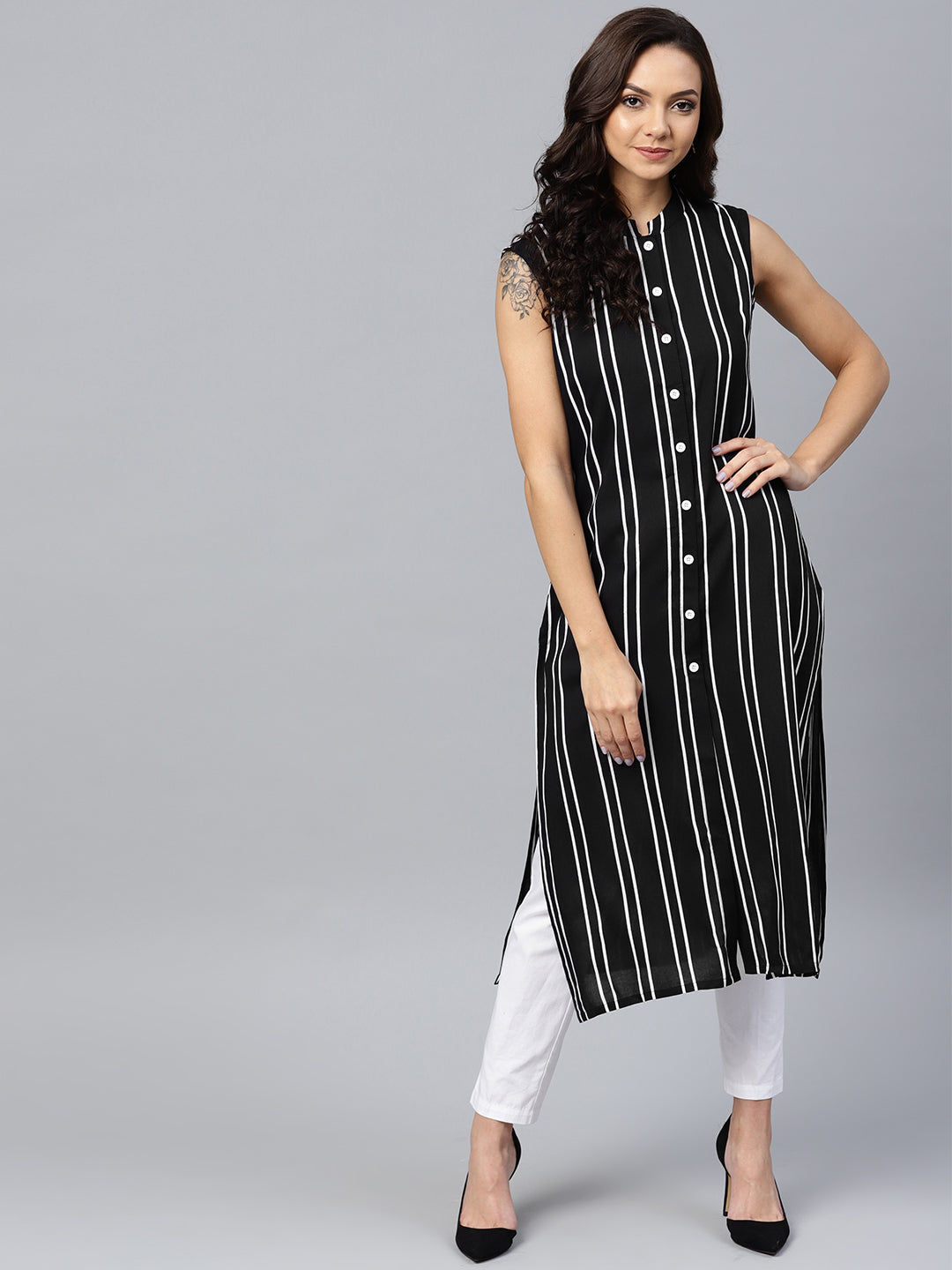Black Striped Kurta - Women's Indian Kurta Ladies Collection