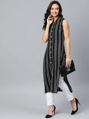 Women Black Striped Straight Kurta