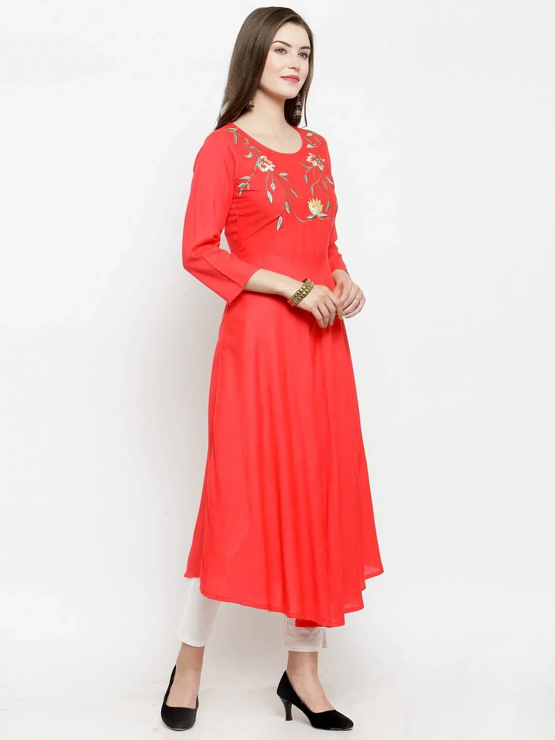 Peach Embroidered Kurta | Flared Rayon Indian Kurti for Women
