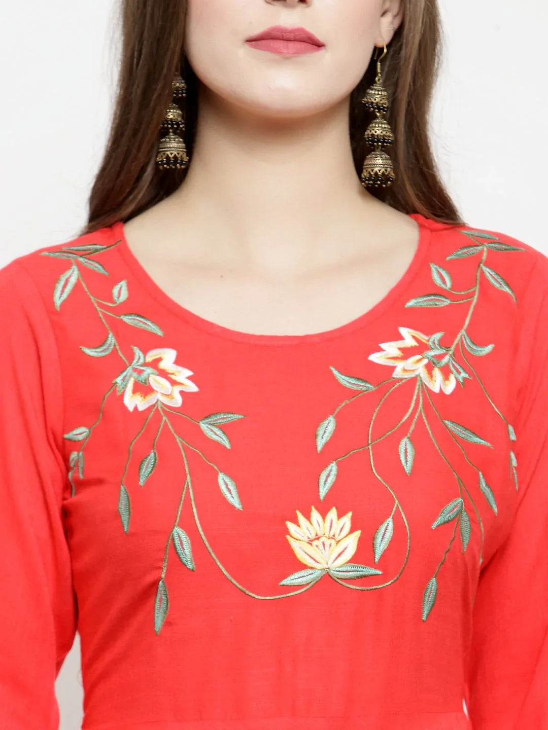 Peach Embroidered Kurta | Flared Rayon Indian Kurti for Women