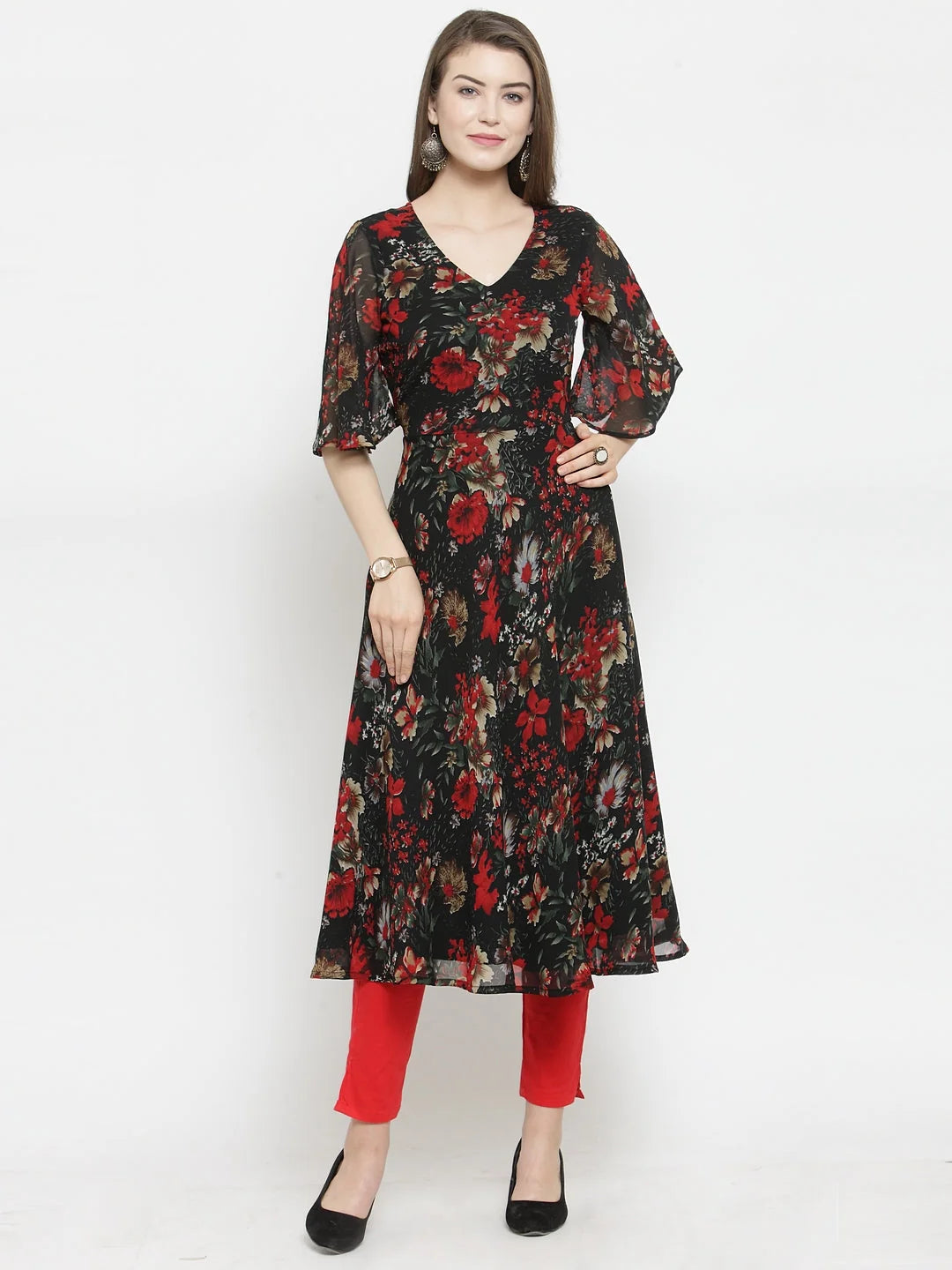 Black & Red Floral Printed Indian Kurta for Women | Flared Hem