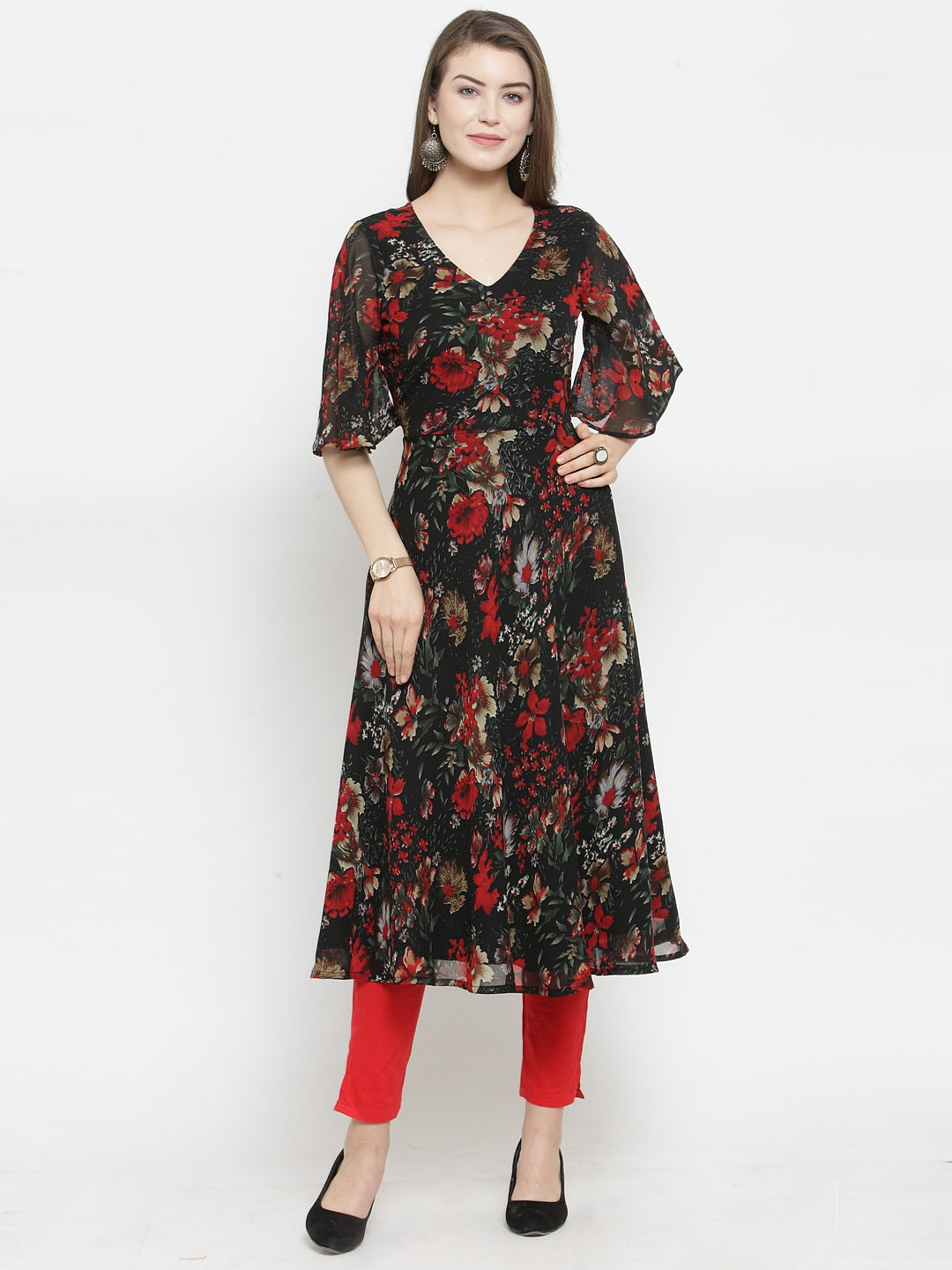 Black & Red Floral Printed Indian Kurta for Women | Flared Hem