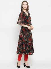 Women Black & Red Floral Printed Gorgette Flared Kurta
