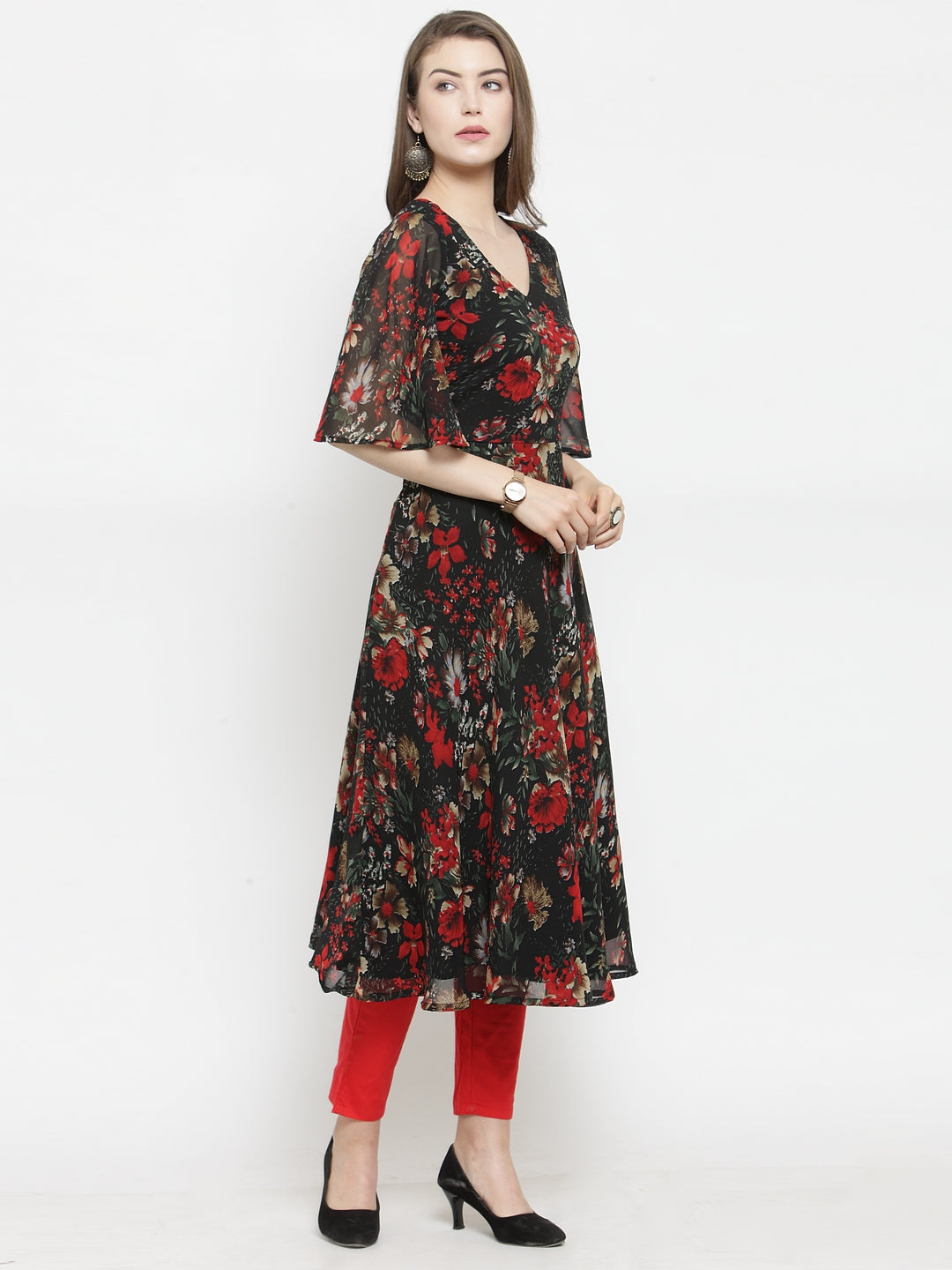Black & Red Floral Printed Indian Kurta for Women | Flared Hem