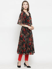 Women Black & Red Floral Printed Gorgette Flared Kurta