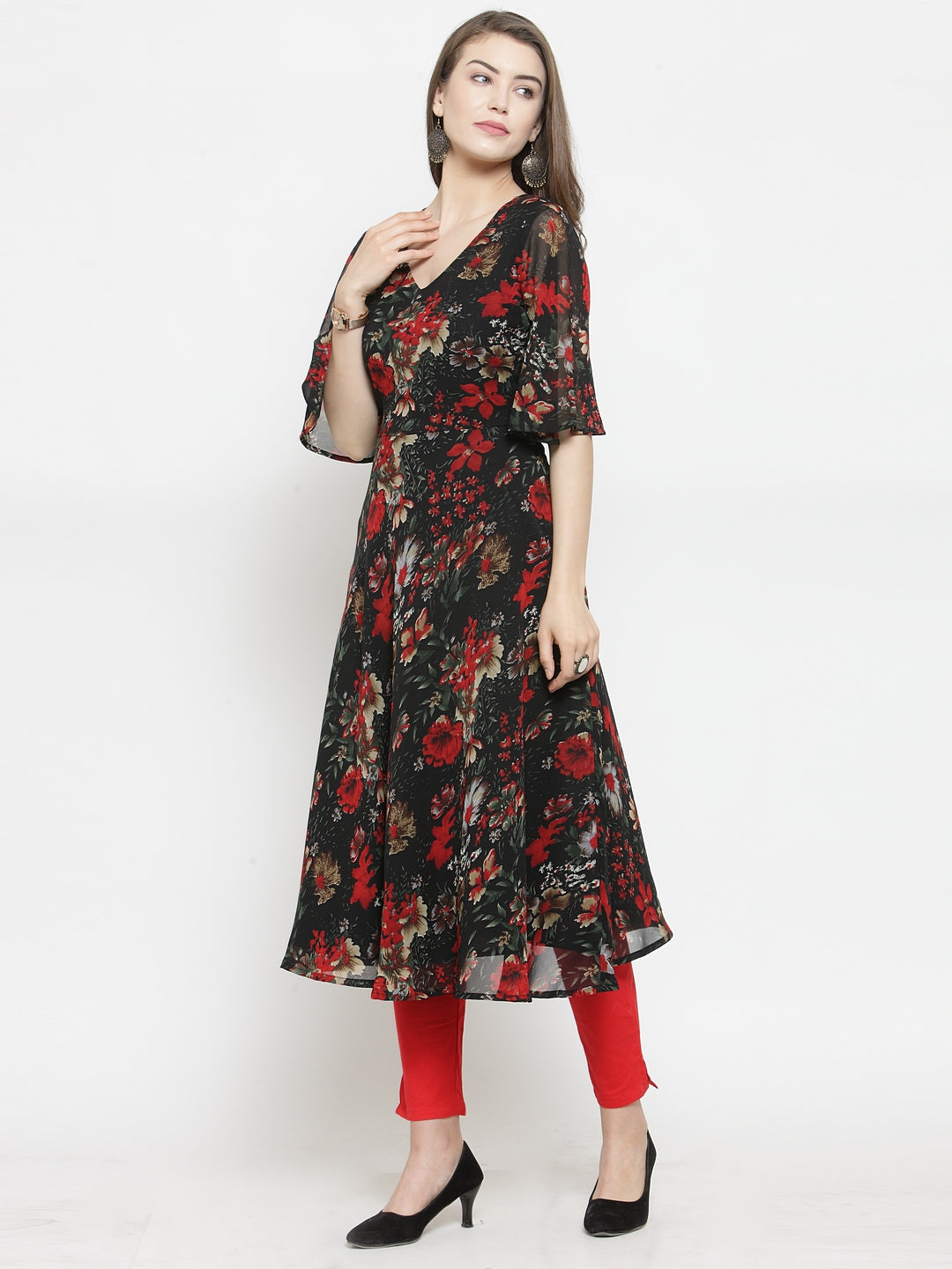 Black & Red Floral Printed Indian Kurta for Women | Flared Hem