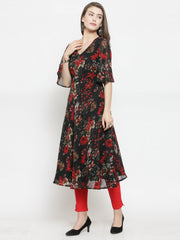 Women Black & Red Floral Printed Gorgette Flared Kurta