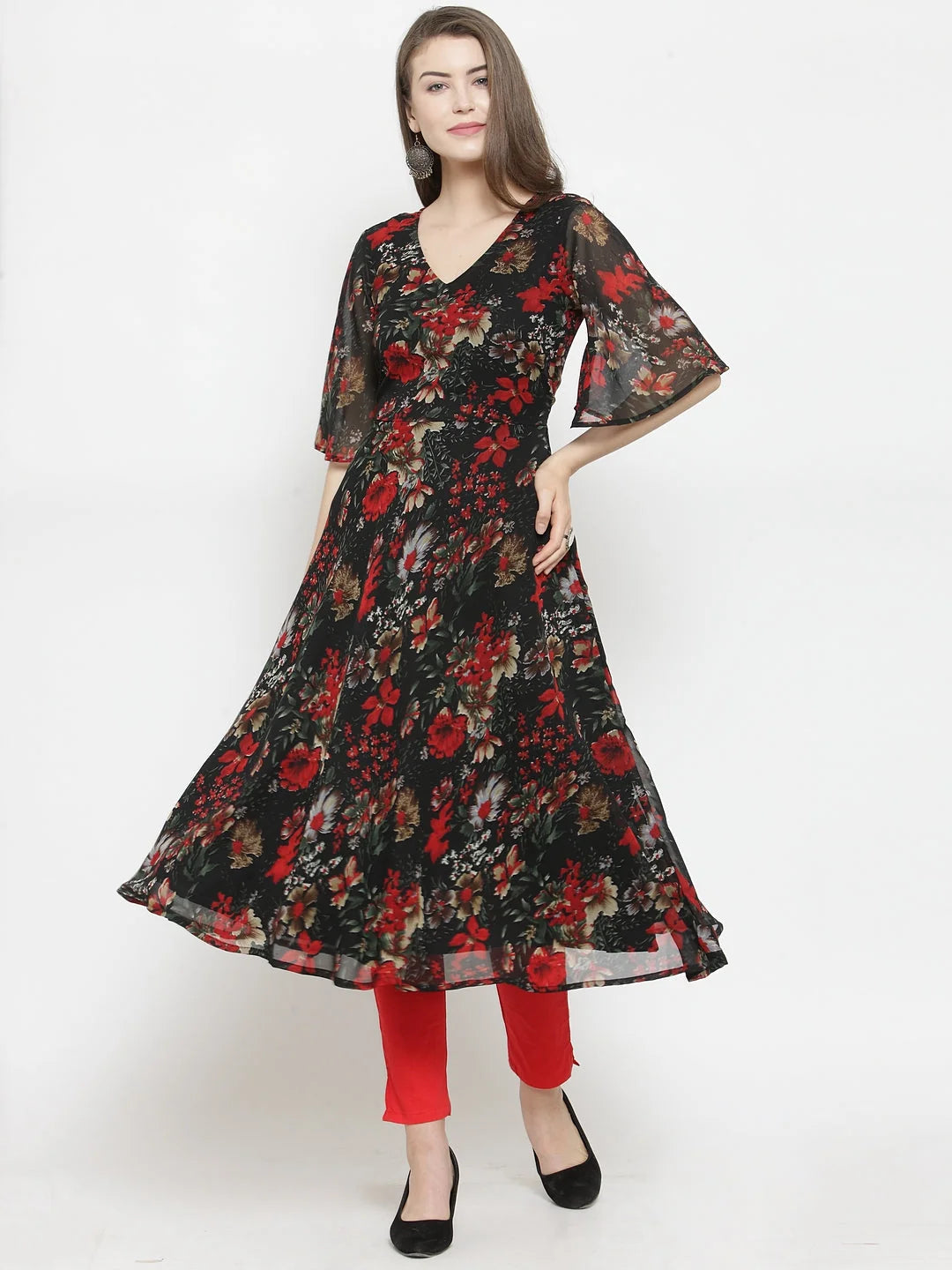 Black & Red Floral Printed Indian Kurta for Women | Flared Hem