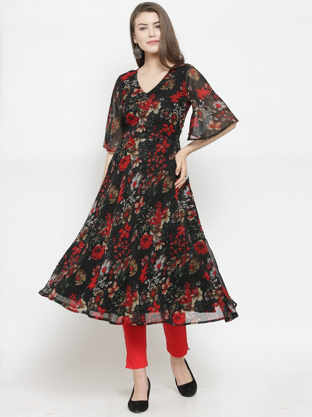 Black & Red Floral Printed Indian Kurta for Women | Flared Hem