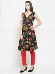 DesiQlo Women Black & Red Floral Printed Rayon A-Line Kurta ( JOK 1211 Black )