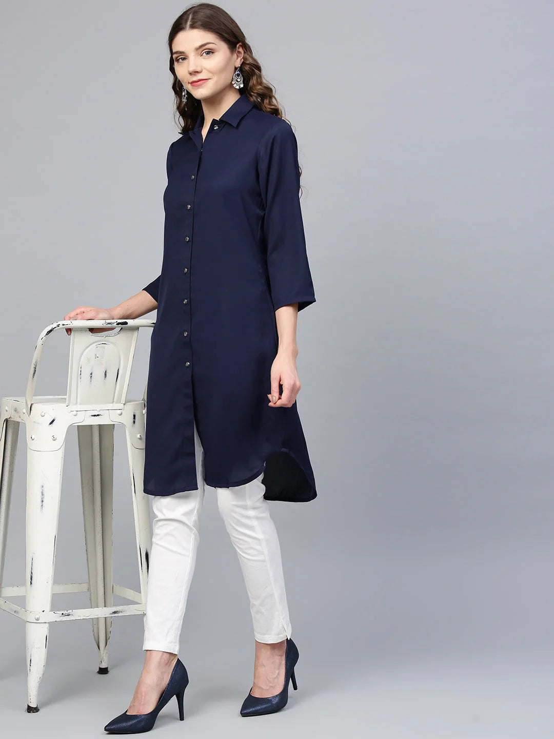 Navy Blue Kurta - Solid Cotton A-Line Indian Kurtis for Women