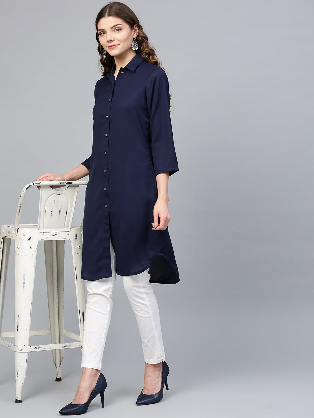 Navy Blue Kurta - Solid Cotton A-Line Indian Kurtis for Women