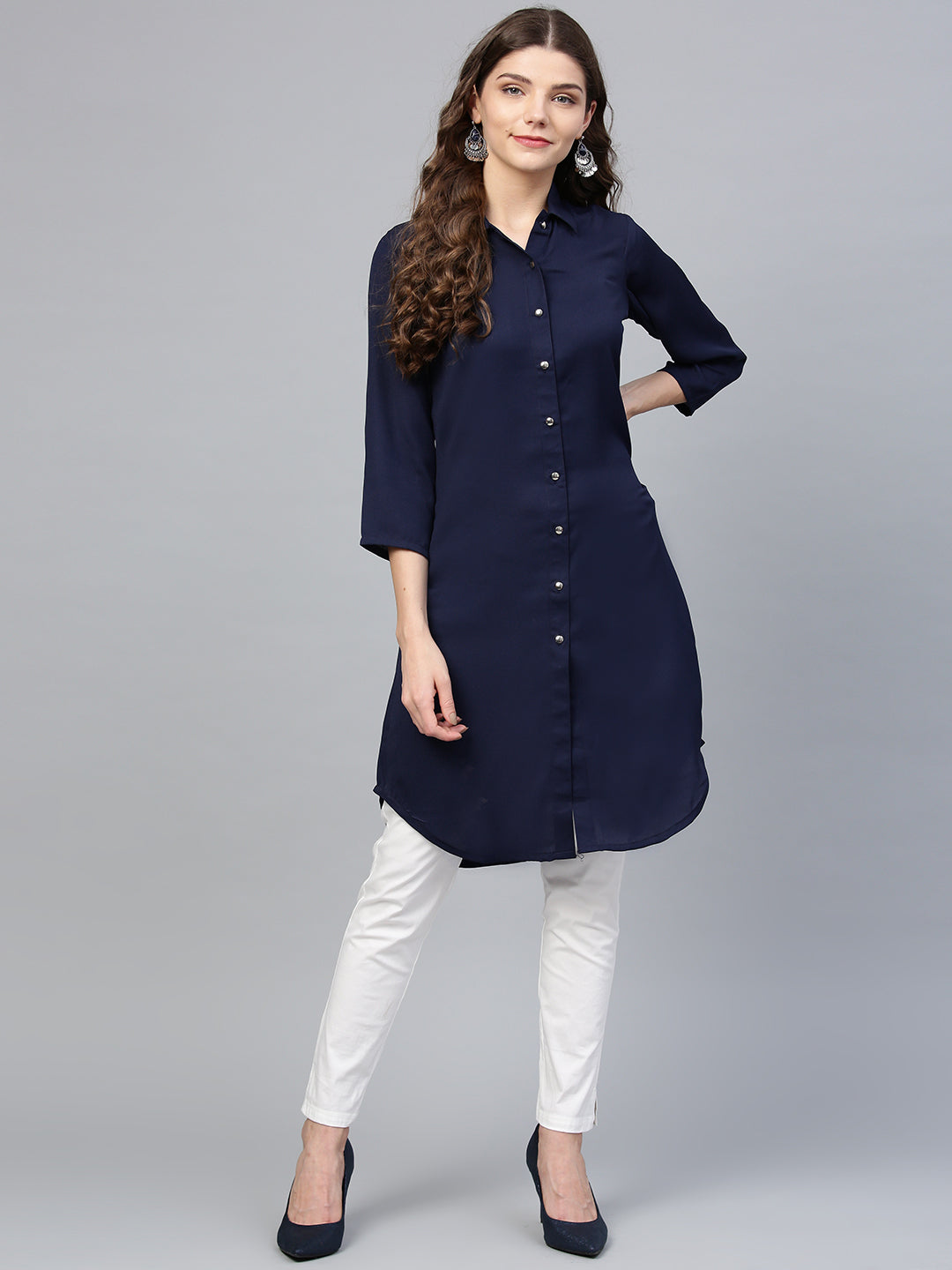 Navy Blue Kurta - Solid Cotton A-Line Indian Kurtis for Women
