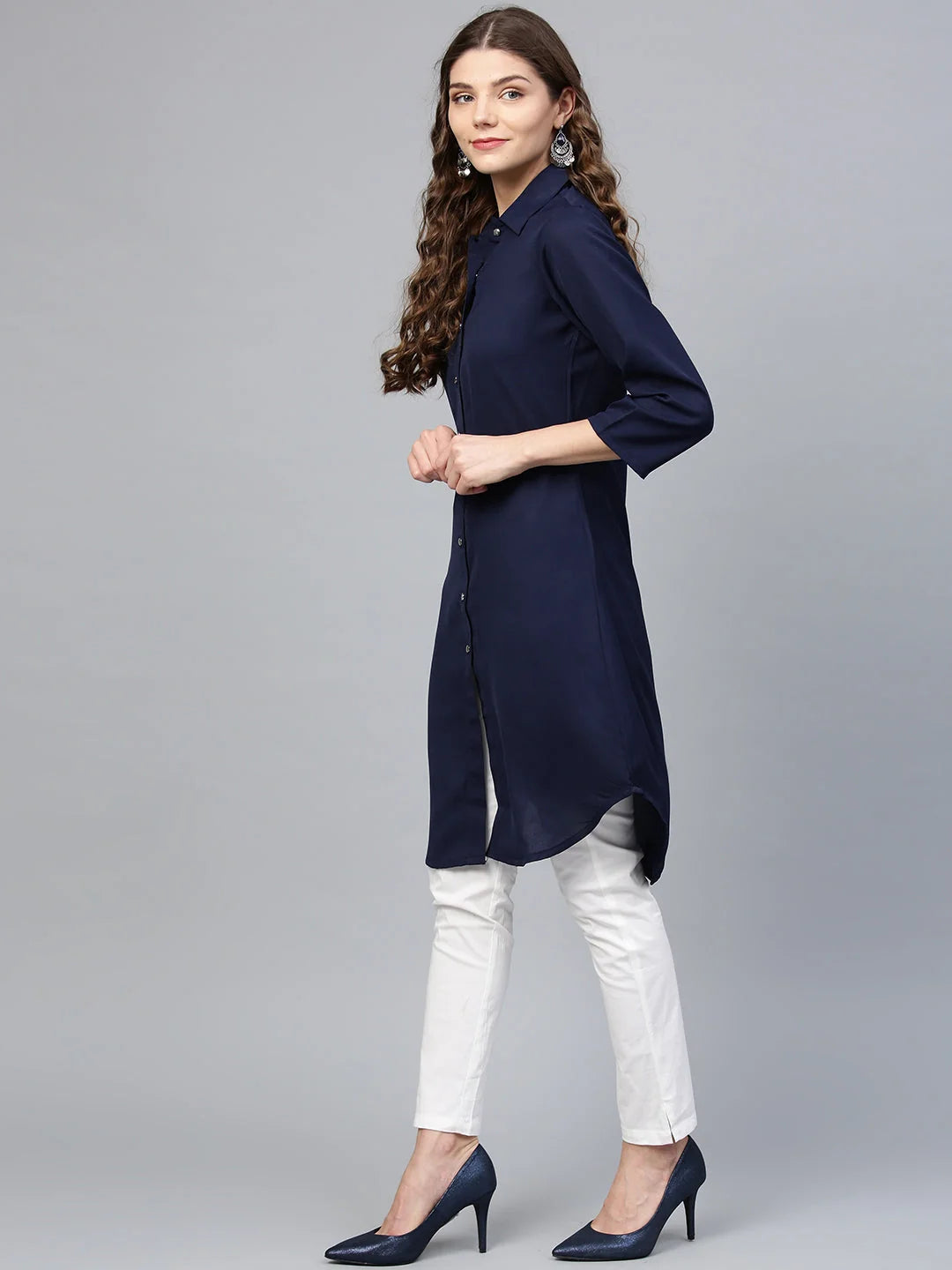 Navy Blue Kurta - Solid Cotton A-Line Indian Kurtis for Women