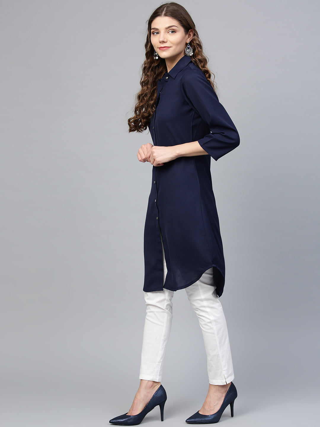 Navy Blue Kurta - Solid Cotton A-Line Indian Kurtis for Women