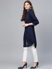 Women Navy Blue Solid A-Line Kurta