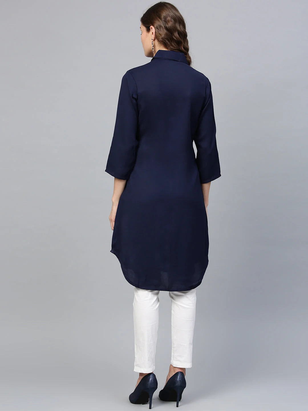 Navy Blue Kurta - Solid Cotton A-Line Indian Kurtis for Women