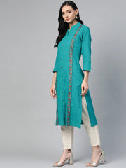 Women Green Embroidered Detail Straight Kurta