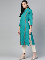 Women Green Embroidered Detail Straight Kurta