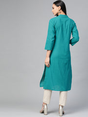 Women Green Embroidered Detail Straight Kurta