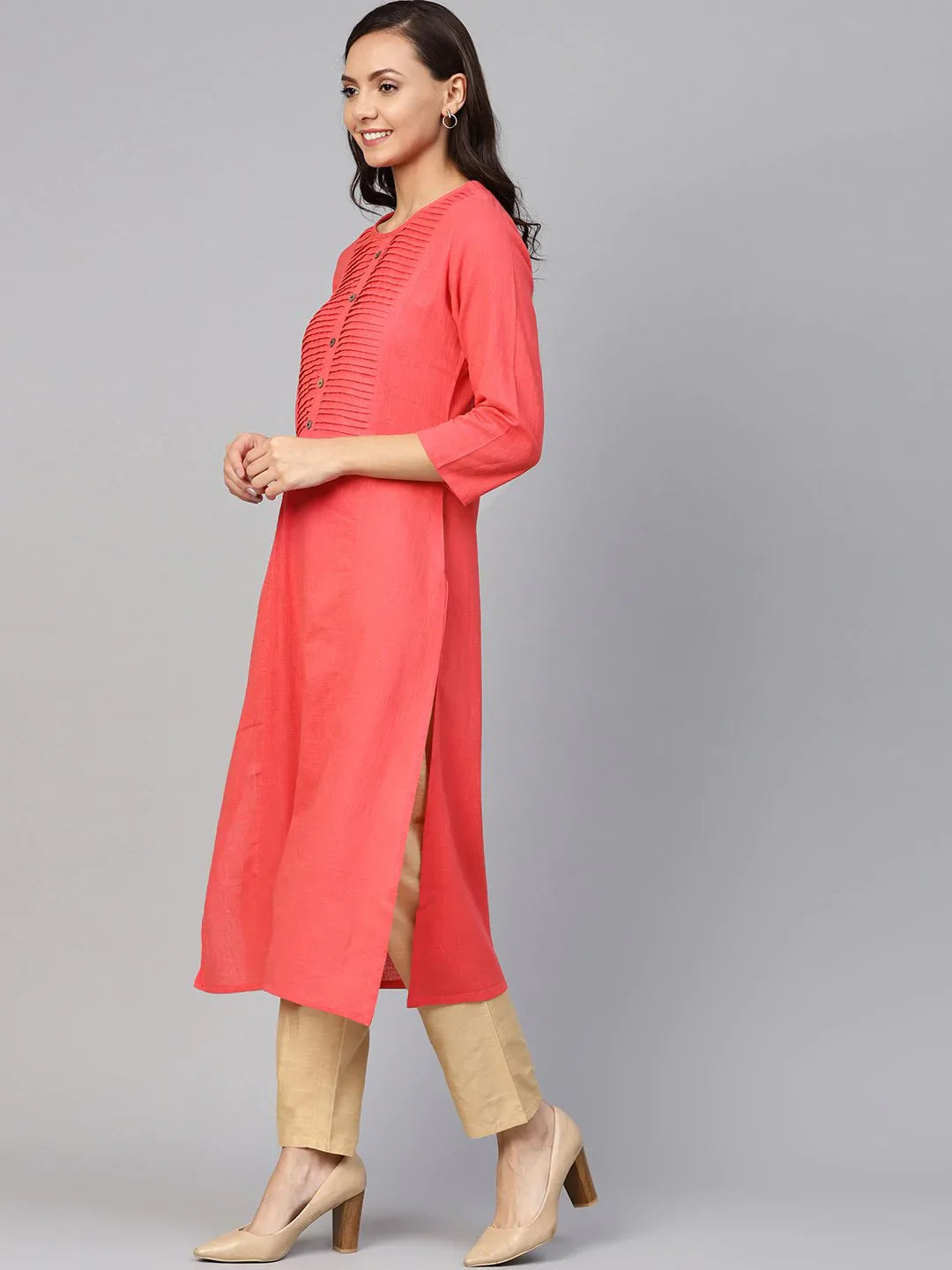 Peach Cotton Indian Kurta for Women | Straight Kurta with Pint...