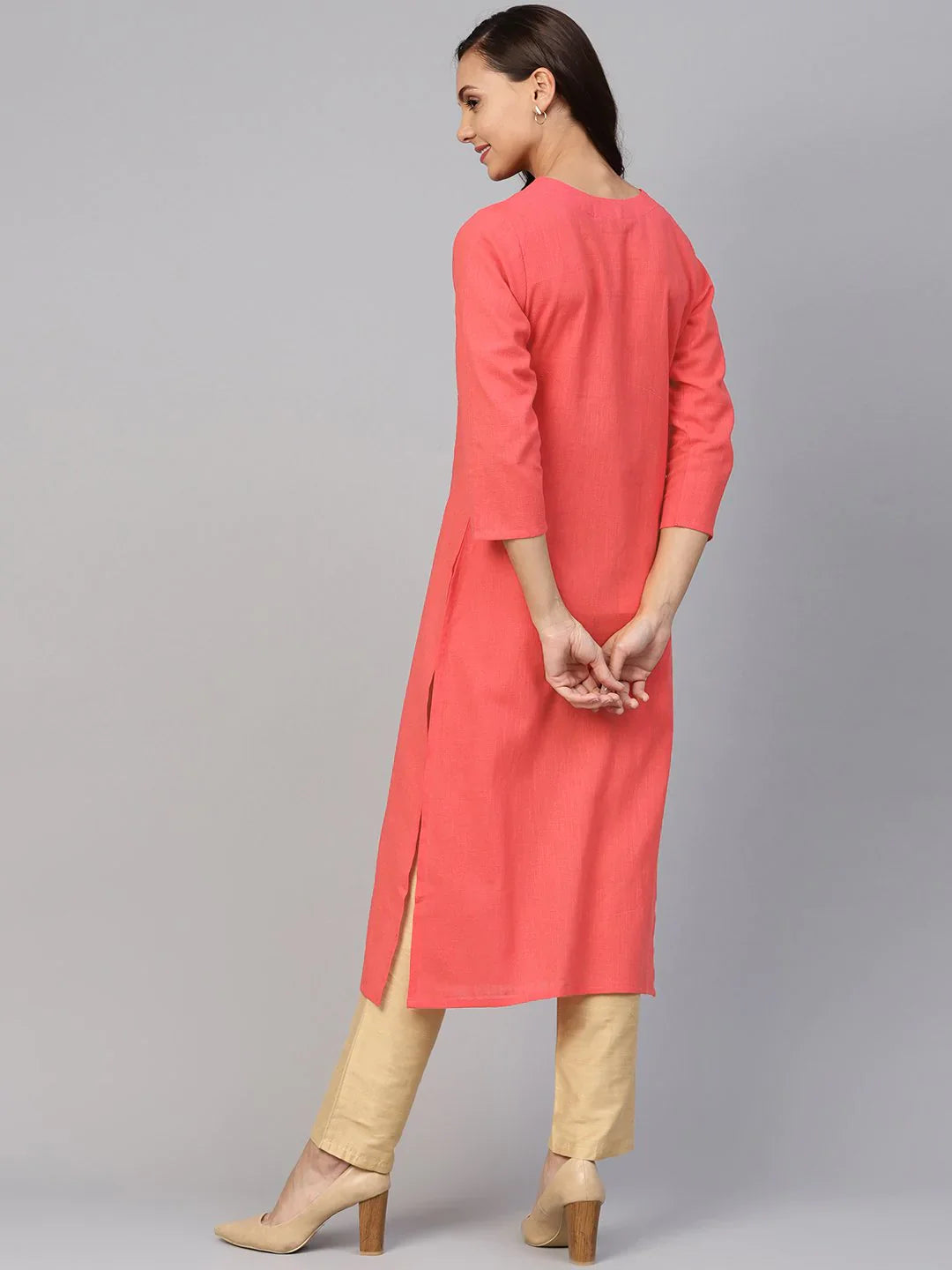 Peach Cotton Indian Kurta for Women | Straight Kurta with Pint...