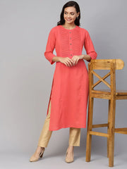 Women Peach Cotton Straight Kurta with Pintucks ( JOK 1236 Peach )-JOK-1236