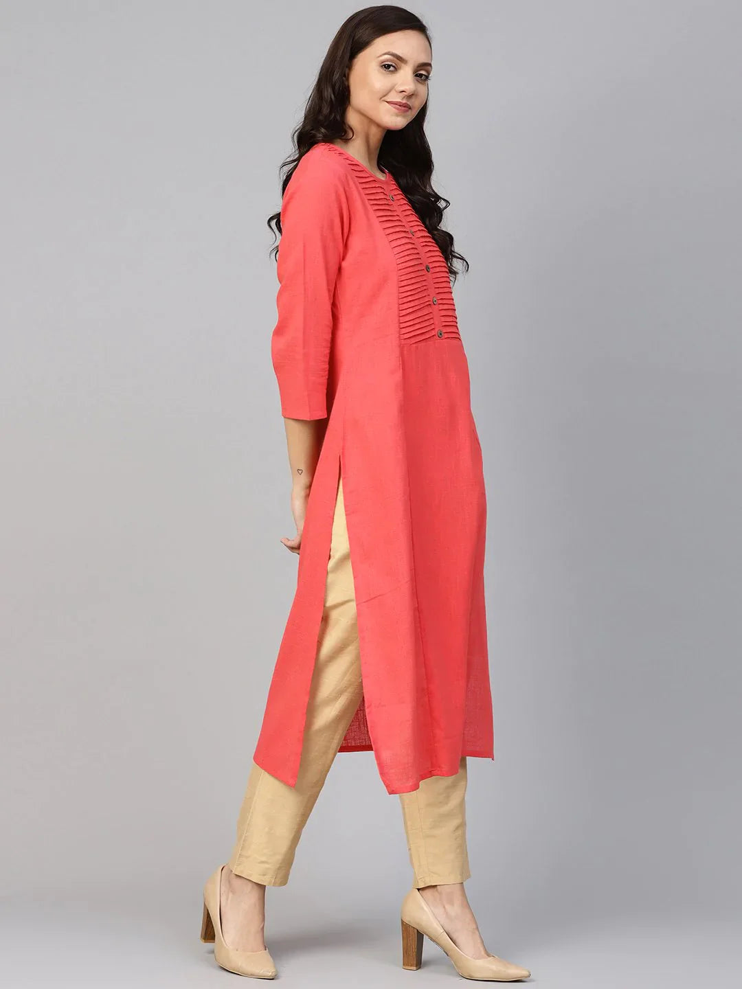 Peach Cotton Indian Kurta for Women | Straight Kurta with Pint...