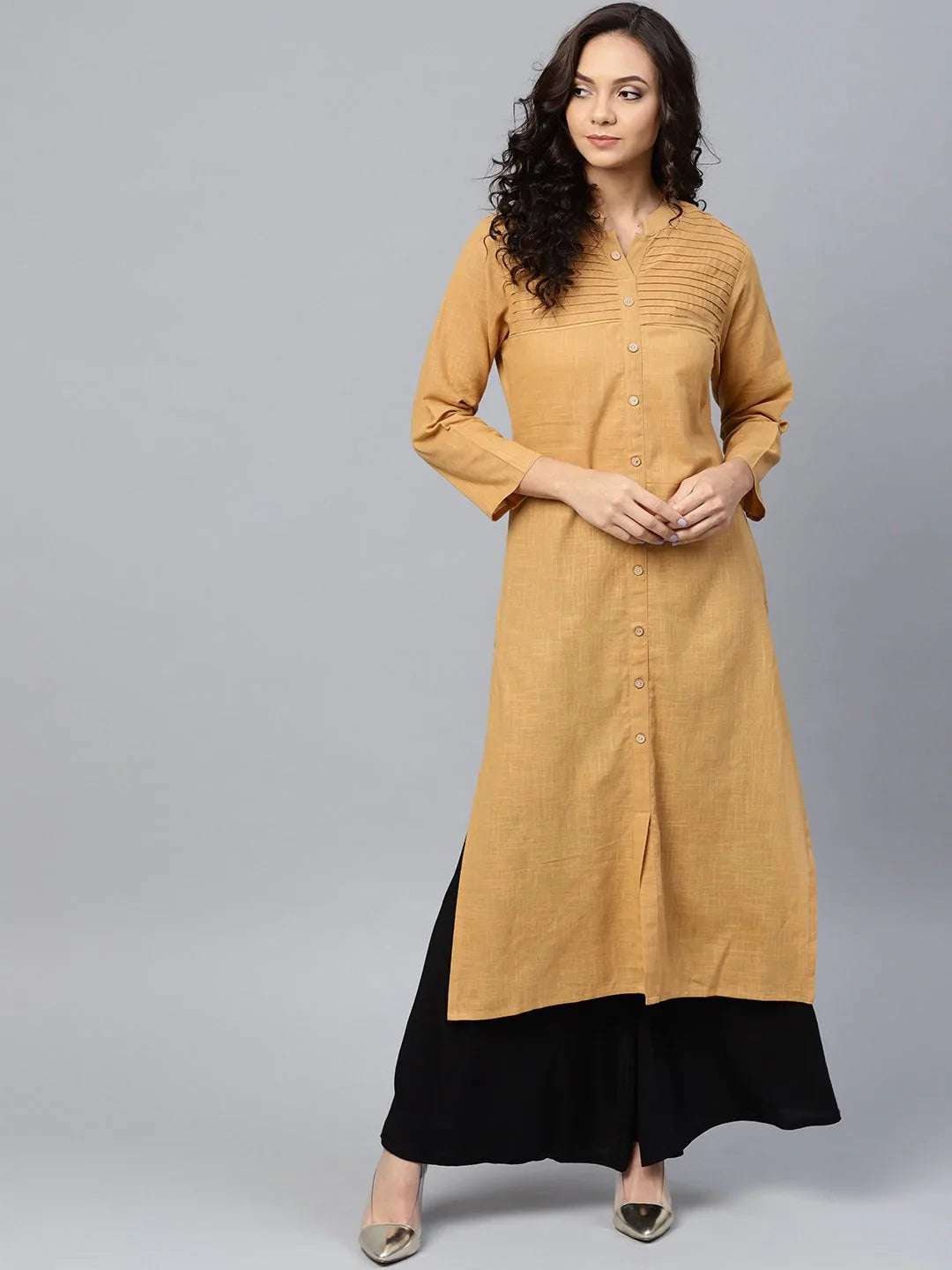 Beige Cotton Indian Kurtis | Straight Kurta for Women with Pin...