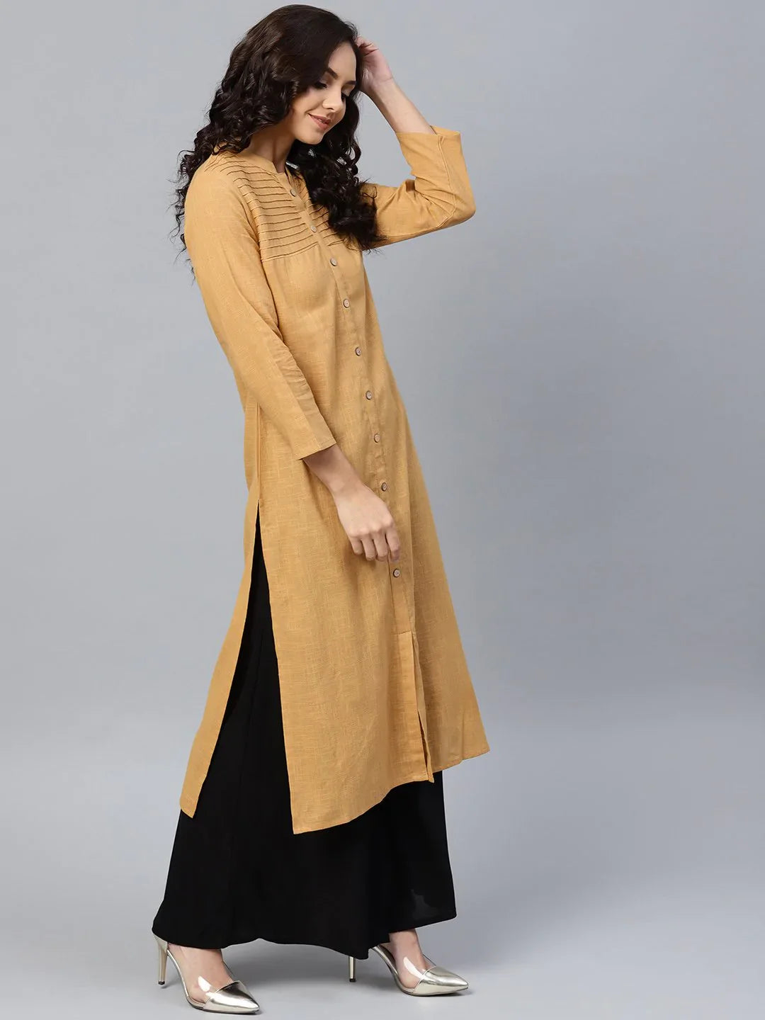 Beige Cotton Indian Kurtis | Straight Kurta for Women with Pin...