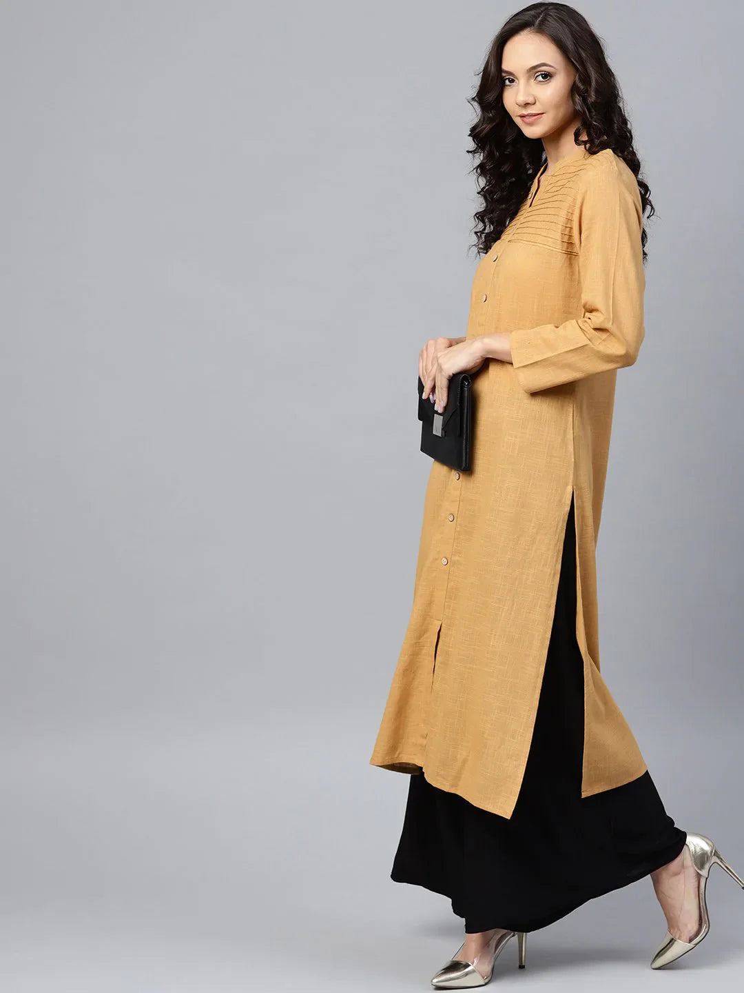 Beige Cotton Indian Kurtis | Straight Kurta for Women with Pin...