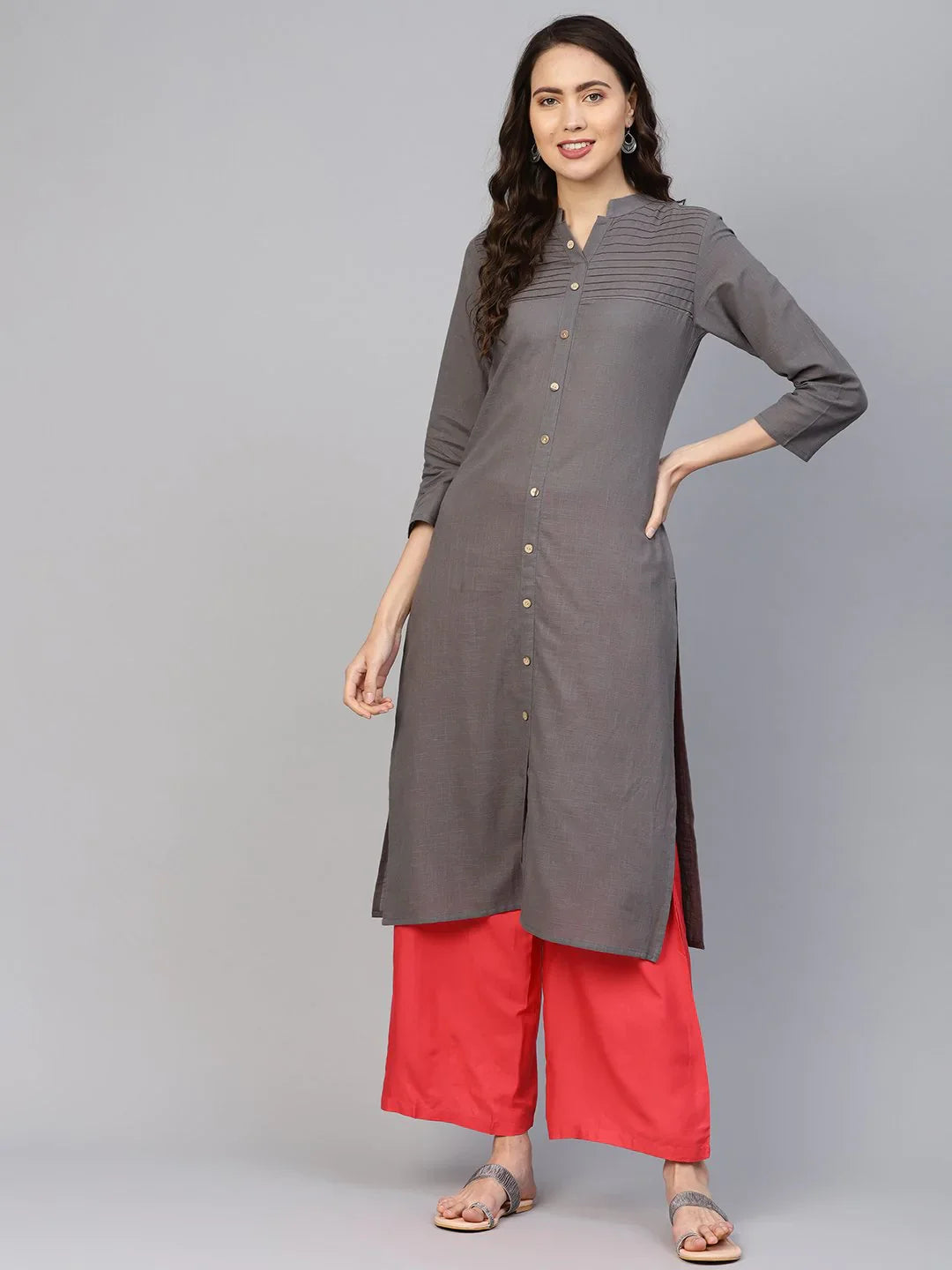 Grey Cotton Indian Kurtis for Women | Straight Kurta with Pint...