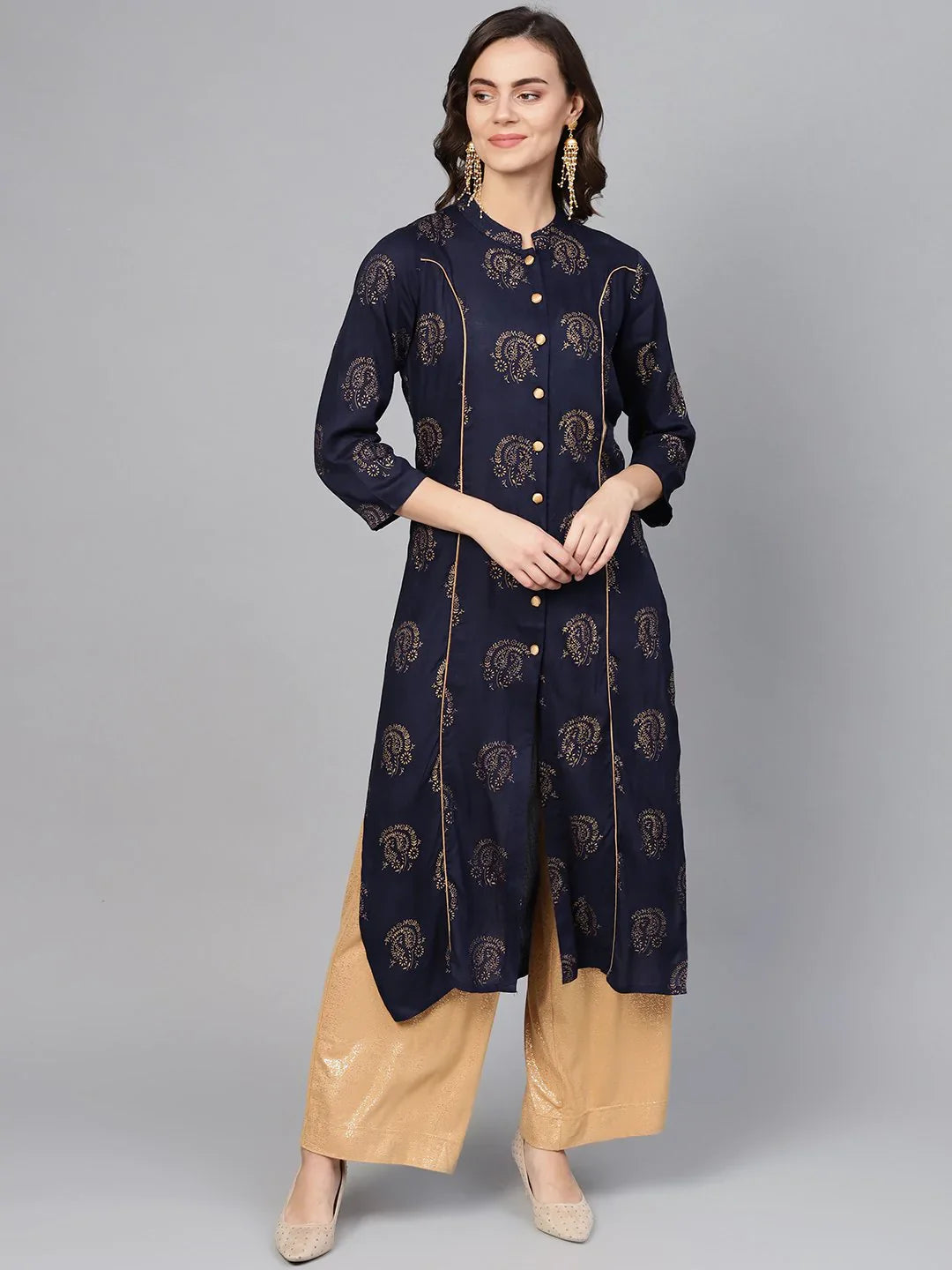 Navy & Golden Printed Indian Kurtas for Women | JOK 1263