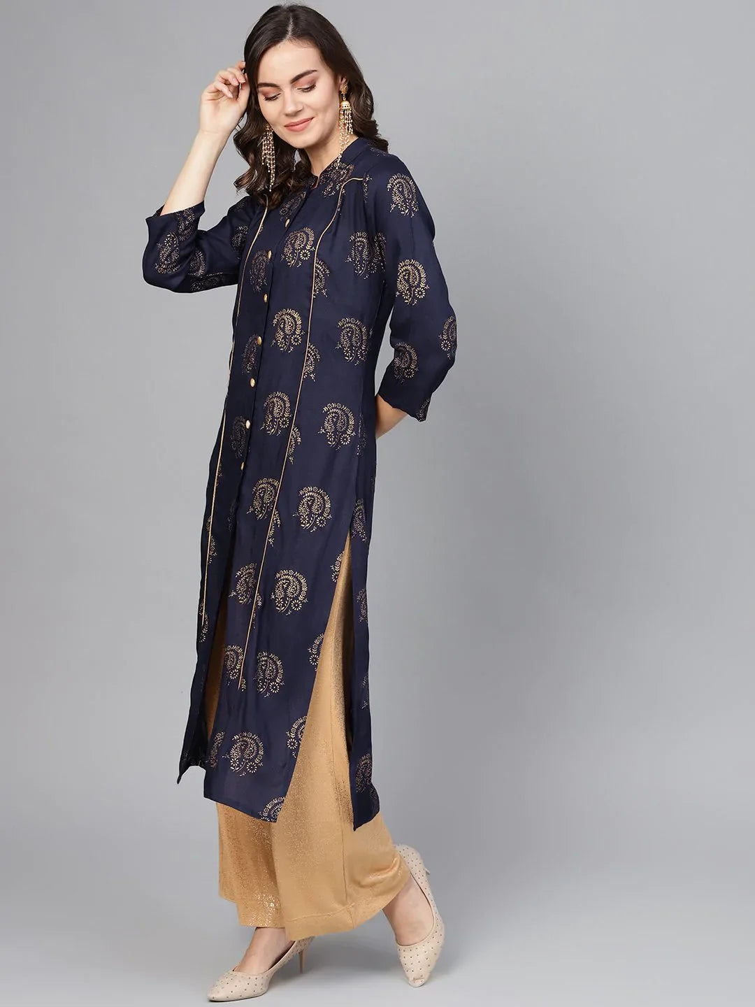 Navy & Golden Printed Indian Kurtas for Women | JOK 1263
