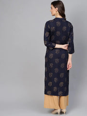 Women Navy Blue & Golden Printed Straight Kurta ( JOK 1263 Navy )-JOK-1263