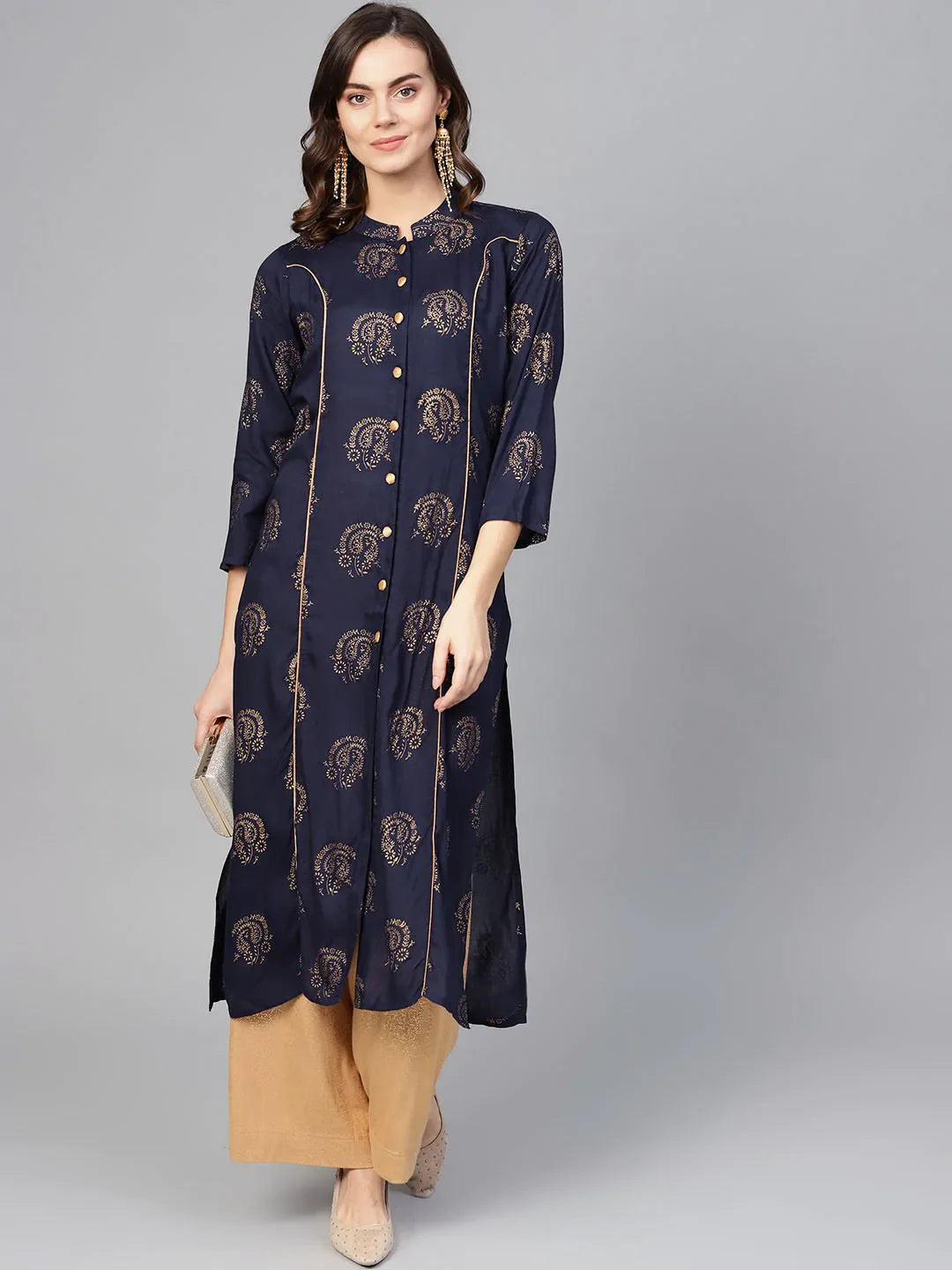 Navy & Golden Printed Indian Kurtas for Women | JOK 1263