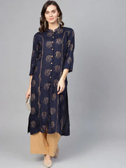 Women Navy Blue & Golden Printed Straight Kurta ( JOK 1263 Navy )-JOK-1263