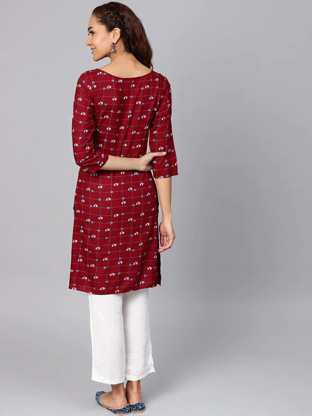 Maroon & White Checked Rayon Tunic Top for Women | JOK 1273